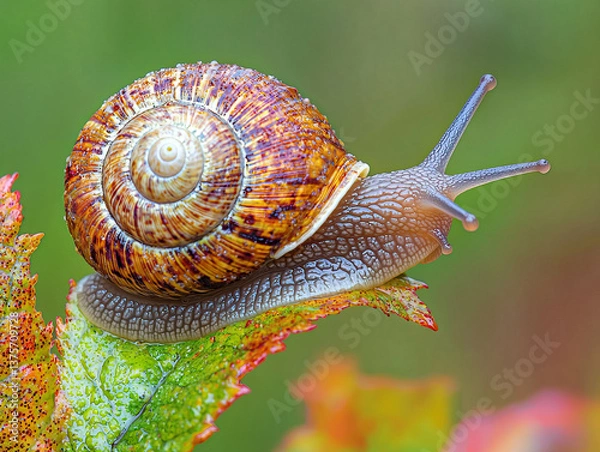Obraz close up of snail on vibrant green leaf, showcasing its intricate shell and curious eye stalks, evokes sense of wonder