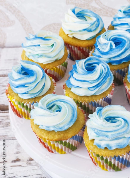 Obraz Festive cupcakes with cream in blue on a white wooden background
