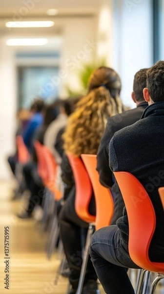 Fototapeta Focused professionals attend a modern conference or seminar, seated in vibrant orange chairs, symbolizing collaboration and corporate learning environment