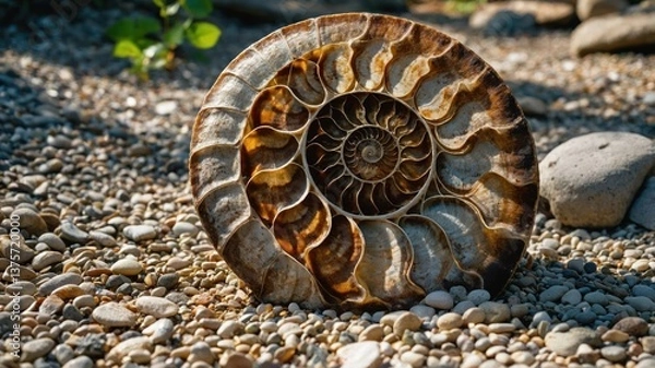 Obraz Close up Fossil Ammonite Shell with Spiraling Pattern on Pebble Beach