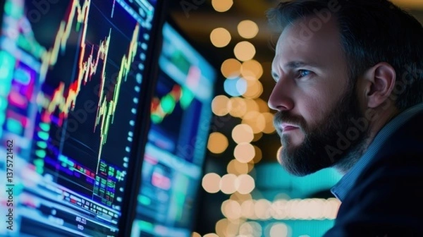 Obraz Trader at Neon Trading Station During Stock Bounce Recovery