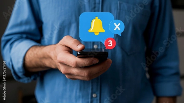 Fototapeta Man interacting with notification icons on a smartphone.