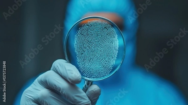 Fototapeta Forensic Scientist Observing Fingerprint Through Magnifying Glass in Laboratory Setting with Blue Lighting