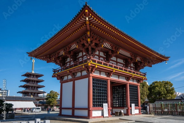 Fototapeta Shitenno-ji Grand West Gate - Red temple gates, a traditional Japanese pagoda and courtyard at Shitenno-ji Temple in Osaka, Japan