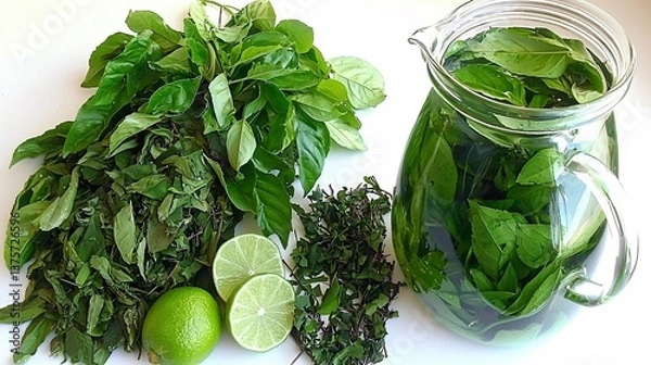 Obraz Fresh herbs, lime slices, and infused water in a pitcher, ready for a refreshing drink