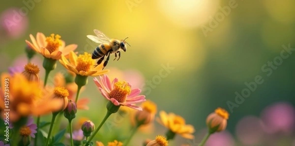Fototapeta Happy bee soaring above a bouquet of fragrant wildflowers, flowers, nature