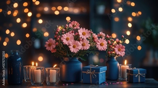 Fototapeta An inviting display of pink flowers in blue vases surrounded by glowing candles and beautifully wrapped gifts, evoking warmth and celebration.