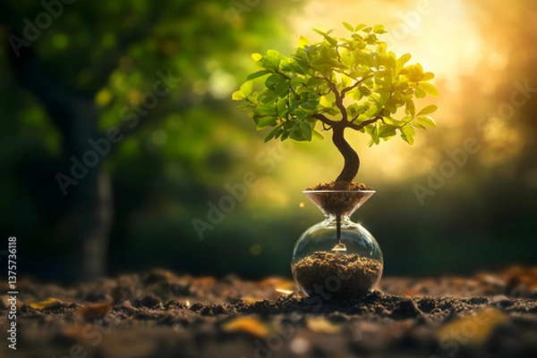 Fototapeta A small tree growing inside an hourglass, representing time, growth, sustainability, and the balance of nature.