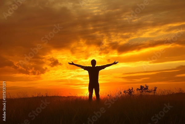 Fototapeta A person with arms outstretched in a golden field under a vibrant sunset, signifying gratitude, freedom, and connection to nature.