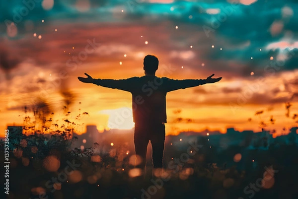 Fototapeta A man standing in an open field with outstretched arms under a breathtaking sunset, embodying freedom and joy.