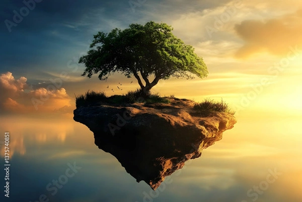 Fototapeta A lone tree on a floating island in a serene sunset reflects beauty, solitude, and the harmony of nature.