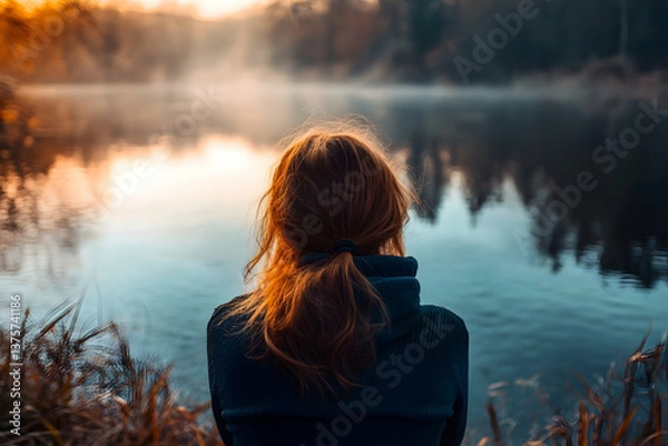 Fototapeta A woman gazes at a calm lake during sunset, surrounded by nature’s tranquility, reflecting peace and introspection.