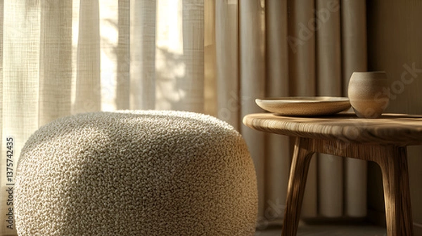 Fototapeta Serene Interior Scene with textured pouf, wooden table, light curtains, and soft light.