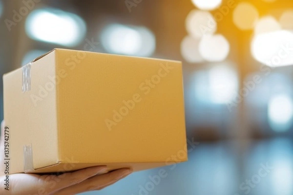 Obraz Delivery action handing over box in urban setting e-commerce package indoor environment close-up view
