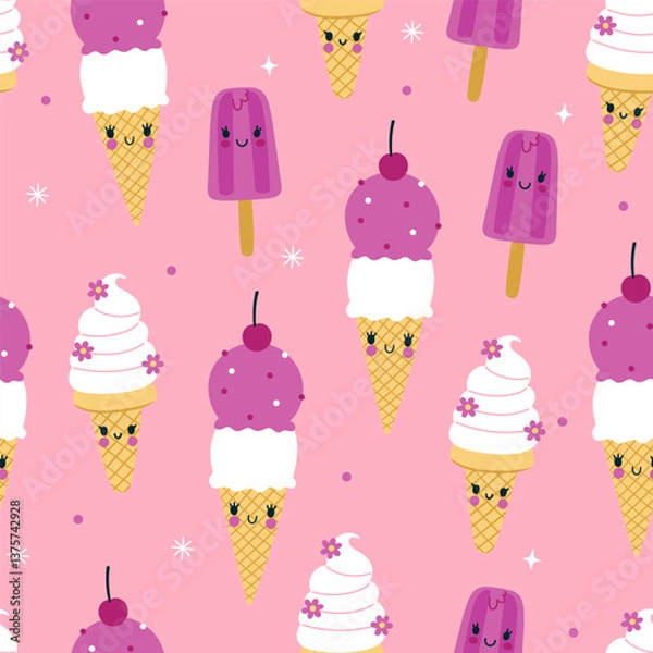 Fototapeta Cute seamless pattern with ice cream on a pink background. Vector graphics.