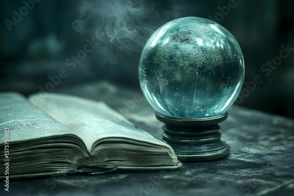 Fototapeta A mystical crystal ball emitting a soft glow, placed beside an open book in a dark, mysterious room, evoking magic and intrigue.