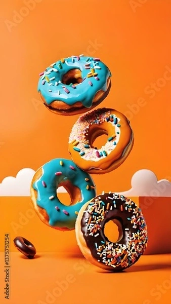 Obraz Colorful donuts with sprinkles on bright orange background