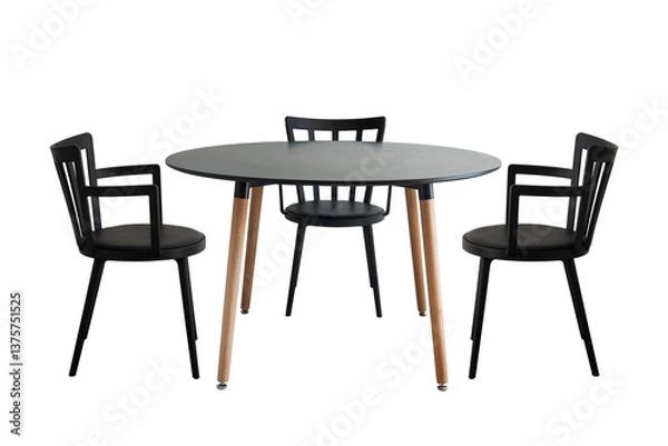 Fototapeta round table and black chairs isolated on white background