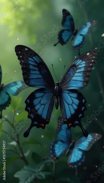 Obraz Flying black butterflies with blurred background , insect silhouette, nature photography