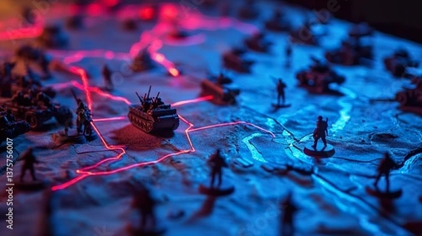 Obraz Strategic wargame simulation, miniature army figures on a tactical terrain map