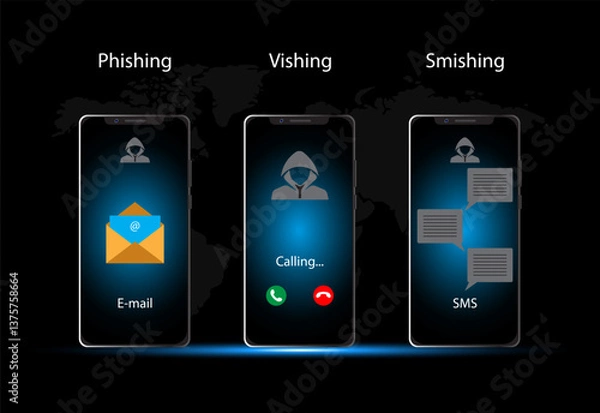 Obraz Types of social engineering attacks onboarding mobile app screen. hackers' tools and high-tech