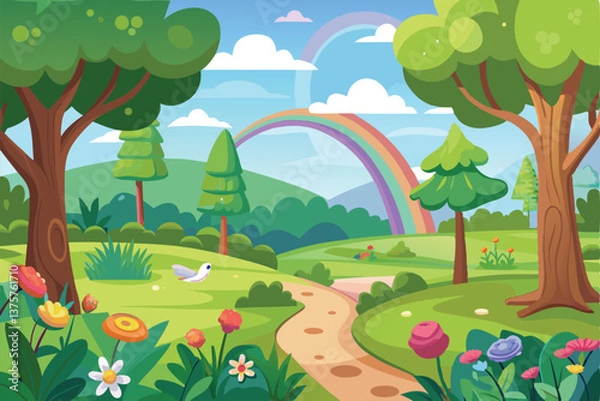 Obraz A vibrant rainbow arcs over a lush spring meadow dotted with wildflowers, under a bright summer sky