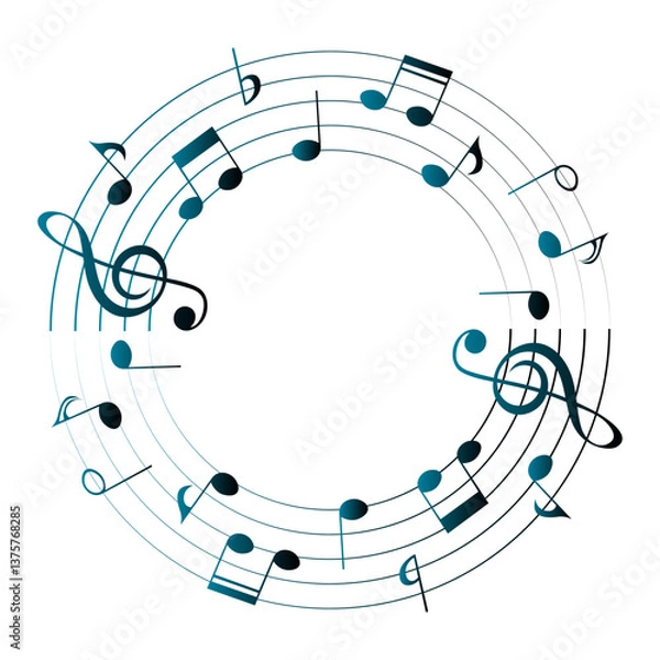 Fototapeta Music notes background, round musical frame, vector illustration.