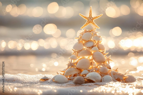 Fototapeta 
A Christmas tree made of seashells stands on the beach, with starfish as its topper. The background is blurred, and there is a lot of light in it