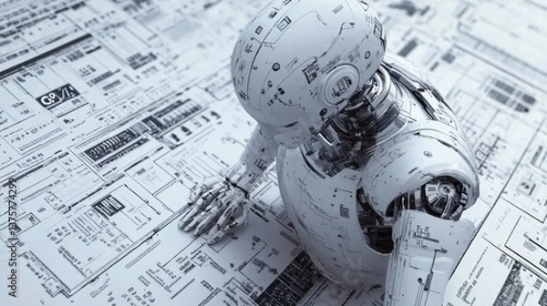 Fototapeta White Robot Analyzing Complex Data Documents