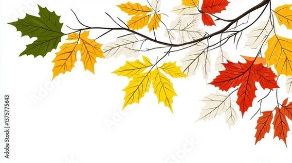 Obraz Colorful Autumn Branch with Maple Leaves on White Background