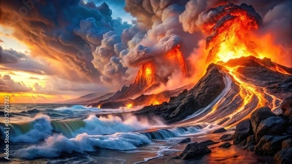 Fototapeta A dramatic volcanic eruption showcases fiery lava flowing into the ocean, surrounded by dark clouds and turbulent waves at sunset, creating a stunning natural spectacle.