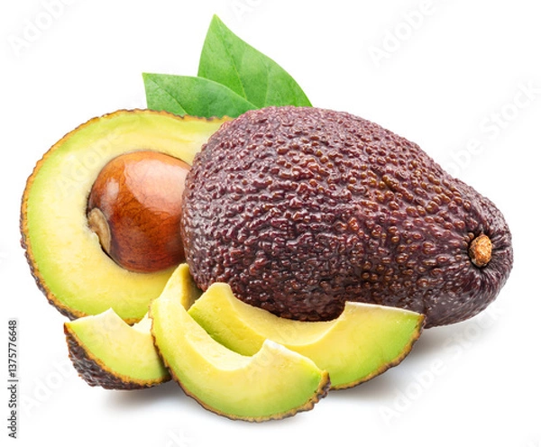 Fototapeta Hass avocado fruits and halved avocado with leaves isolated on white background. File contains clipping paths.