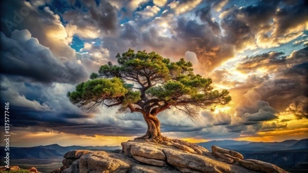 Fototapeta A majestic tree stands on a rocky outcrop beneath a dramatic sky filled with colorful clouds at sunset.