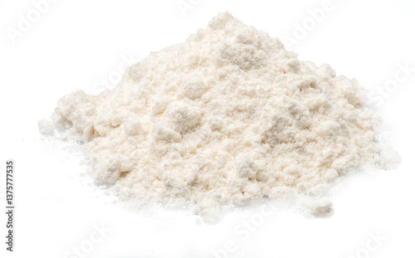 Fototapeta Pile of white wheaten flour isolated on white background. Baking product which is main ingredient in the preparation of pasta, cakes and bread.