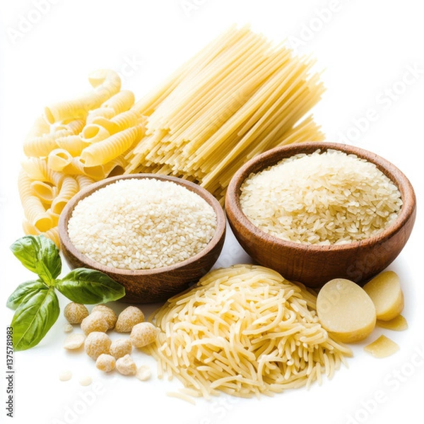 Fototapeta pasta potatoes rice carbohydrates white background 