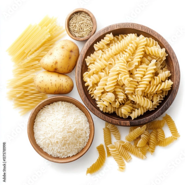 Fototapeta pasta potatoes rice carbohydrates white background 