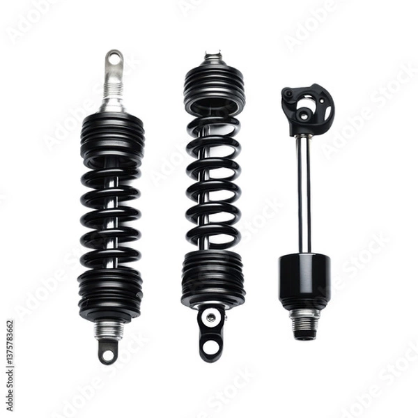 Fototapeta Transparent background image isolate into png. Three Black Shock Absorbers and a Metal Rod on Transparent Background