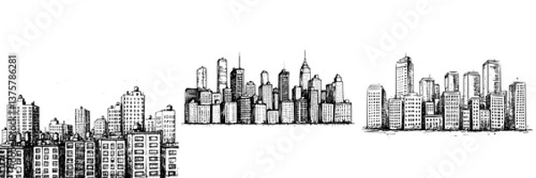 Fototapeta City skyline illustration featuring tall buildings and urban architecture in black and white with detailed line work