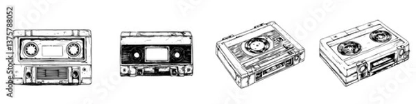 Fototapeta Vintage cassette tapes showcase nostalgic audio technology from the past in a creative hand-drawn style