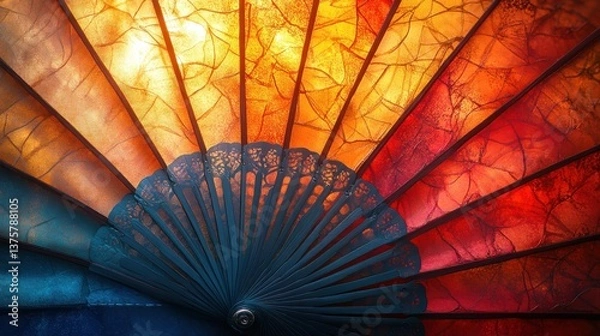 Obraz Glowing hand fan open, colorful backdrop, festive decoration