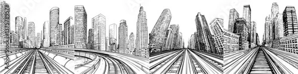 Fototapeta Urban landscape with abstract skyscrapers and railway tracks in a busy metropolis