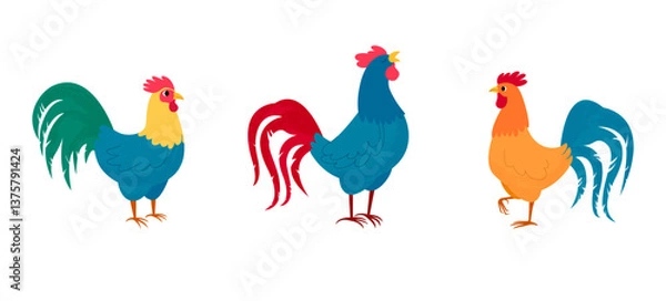 Fototapeta Vector colorful hand drawn illustration. Set of cute bright roosters with textures. Farm birds isolated on white background.