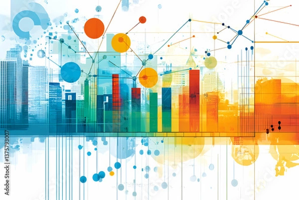Fototapeta A dynamic, colorful data visualization with bar charts, graphs, and cityscape elements, representing analytics, growth, and innovation.