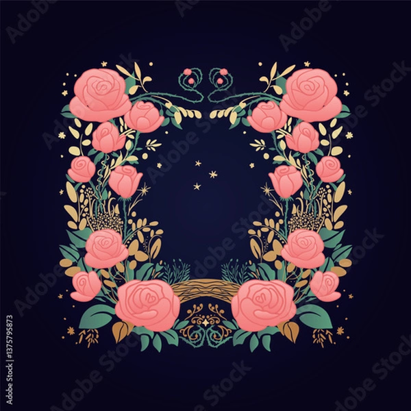 Fototapeta Fairy vector frame with wild roses with thorns and constellations. Cover for children's book. Magic and enchantment. Enchanted and magical garden. Spells and curses. Fables and fairy tales.	