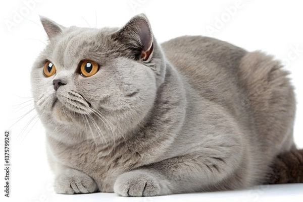 Fototapeta Adorable grey tabby kitten, a small domestic feline, sits isolated