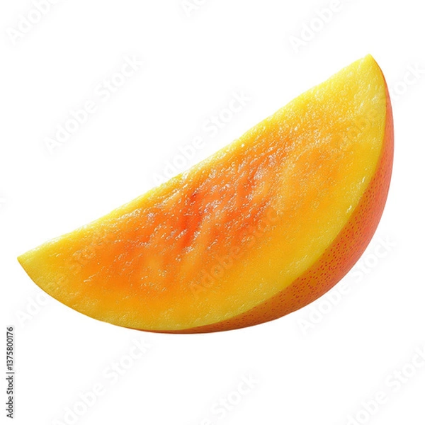 Fototapeta Extreme front view of a perfectly beautiful hyperrealistic single raw mango fruit slice isolated on a white transparent background