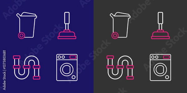 Obraz Set line Washer, Industry metallic pipe, Rubber plunger and Trash can icon. Vector