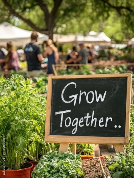 Fototapeta A community garden with volunteers tending to plants, featuring a chalkboard sign with "Grow Together"