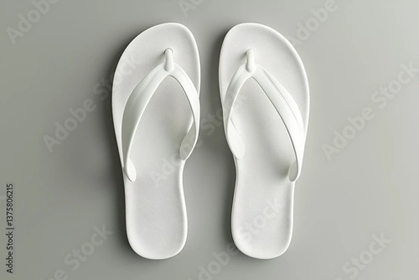 Fototapeta Minimalist White Flip Flops on Gray Background, Simple Summer Footwear, TopDown View