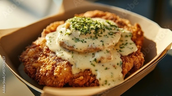 Fototapeta A food truck-style chicken fried steak served in a paper tray with gravy on the side.